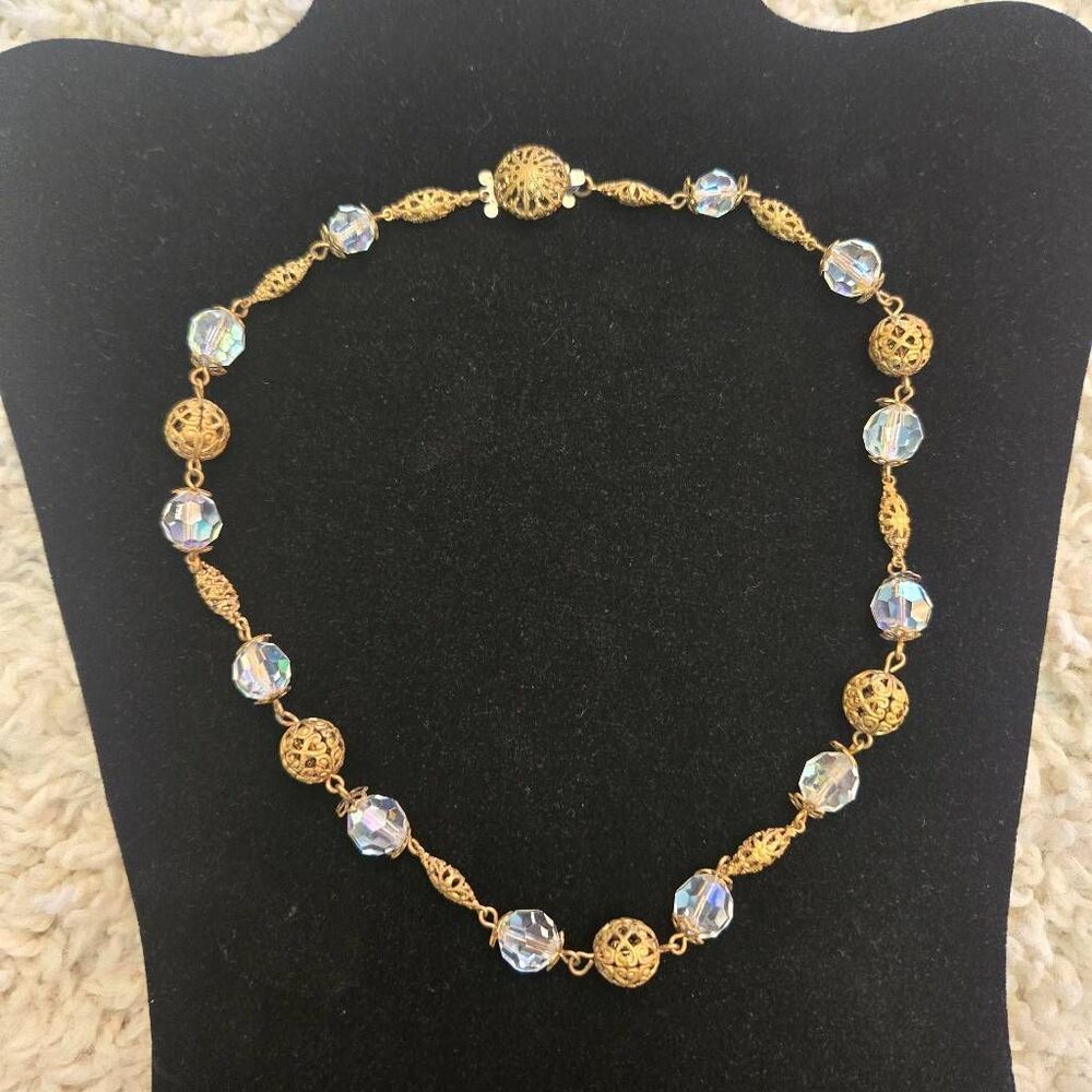 Vintage Gold Fillagree & Aurora Boreallis Bead  Necklace